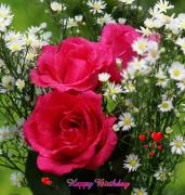 Birthday eCard 3 dark pink roses with hearts