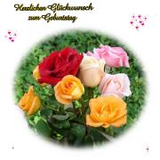 Geburtstag Glückwünsche - Grusskarte zum Geburtstag Aprikose, Pfirsich,  und rote Rosen