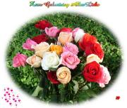 Geburtstag Glückwünsche - Grusskarte zum Geburtstag grosser Rosen Strauss mit schönen tropischen Rosen